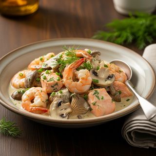 Fricassée De Crevettes, Saumon Et Champignons