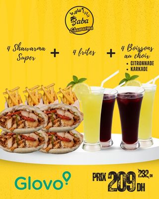4 Shawarma Super + 4 frites + 4 Boissons au choix