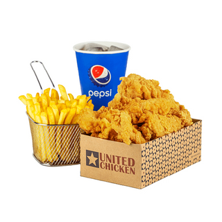 Kubełki 10 szt pałeczki z kurczaka, frytki, pepsi 0,5 l,sos