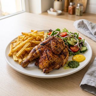 Pollo A La Brasa Con Patatas Y Ensalada