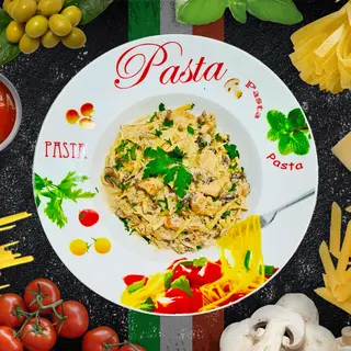 Spaghetti Alfredo pollo e funghi ai vino bianco