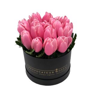 Caja De Tulipanes Rosas Con Verdes Variados  (20 Uds)
