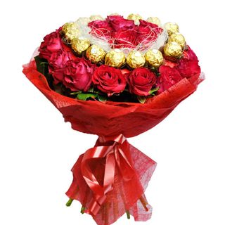 Buchet din 35 trandafiri rosii cu 20 bomboane de Ferrero Rocher