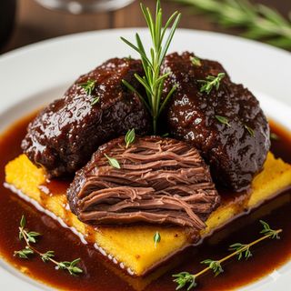 Guancia di fassona al nebbiolo su mattonella di polenta