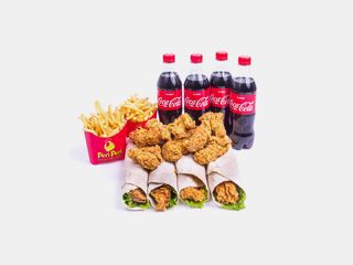 Зингер Сэндвич (4шт)+12 Крыльев+Фри Бол. (2шт)+Напитки (4шт)+Соус