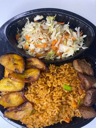 Jollof Rice, Beef, Plantain, Salad