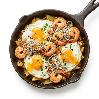 Huevos Rotos Con Gambas Al Ajillo Y Gulas