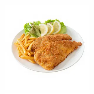 Milanesa de pollo , patatas y ensalada