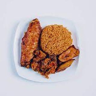 Jollof rice and turkey with plantain
