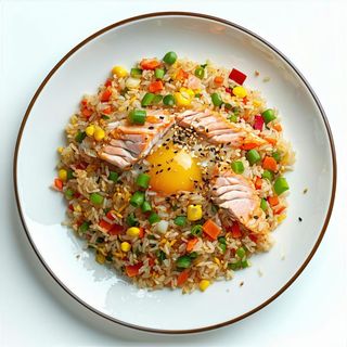 182. Riso saltato con salmone verdure e uova