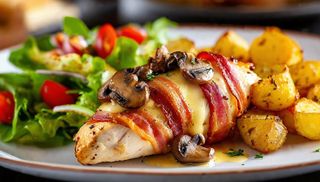 Filet z kurczaka, bekon, pieczarki, ser, ziemniaki, surówka