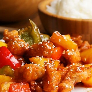 Sweet and Sour chicken served with rice 
