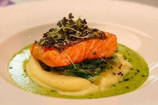 Філе лосося на грилі зі смаженим Роменом і картопляним пюре (320г)