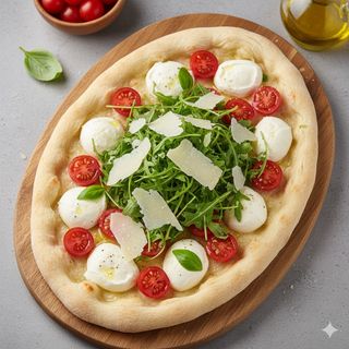 Pinsa con pomodoro fuori cottura, mozzarella fuori cottura, rucola e grana a scaglie