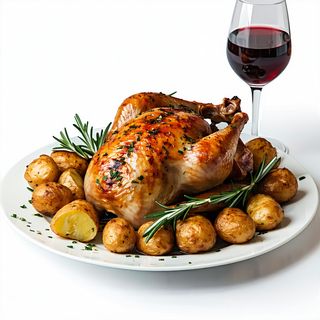 Pollo A L'Ast Entero Con Patatas Con Vino Más Croquetas De Pollo