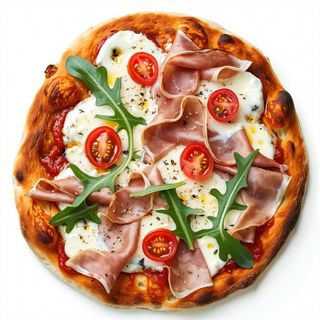 Pizza bianca pomodorini rucola e crudo - al piatto