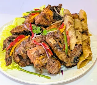 Deep fried chicken + chapati + chips