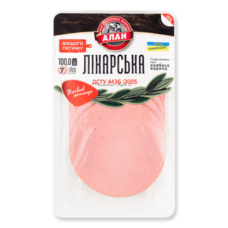 Ковбаса Алан Лікарська варена в/ґ, нарізка (100г)