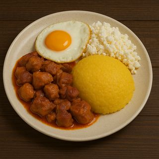 Tochitură de porc cu mămăligă, ou și brânză telemea