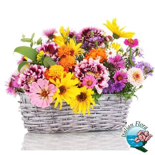 Composizione in cesto con fiori misti primaverili