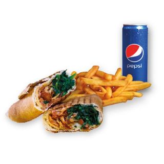 Rollo Kebab Szpinak (średnie), frytki, Pepsi 0.33l