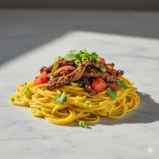 Spaguetti a la huancaína con lomo saltado
