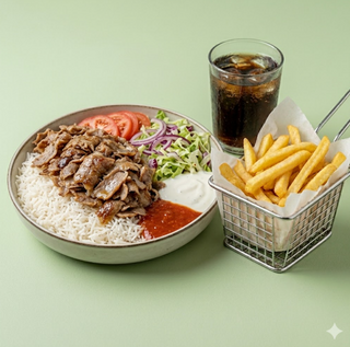 Piatto kebab e riso più Coca-Cola