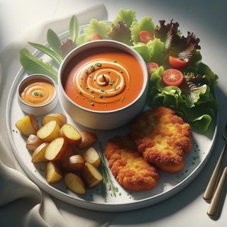 Zestaw zupa pomidorowa + pierś panierowana