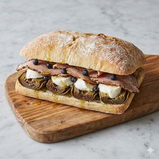 Ciabatta con prosciutto arrosto Bacche di Ginepro, carciofo sott’olio alla romana e bocconcino di bufala