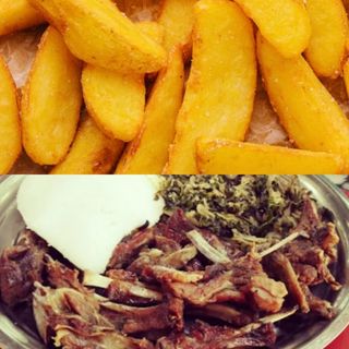 1 kg dry fried goat's meat with potato wedges 
