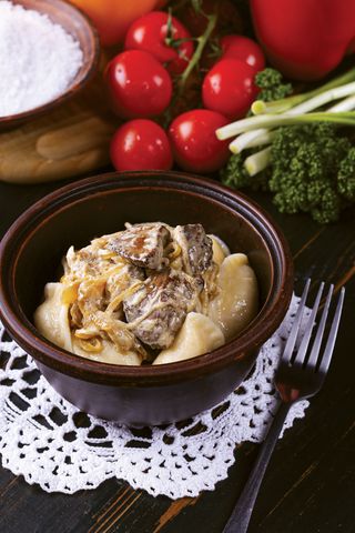 Вареники з картоплею та грибами, подаються з курячою печінкою  (280г)