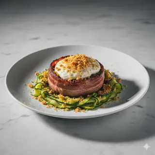 Filetto di scottona lardellato con bufalina, scapece di zucchine