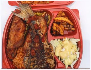 Jollof Rice And Boiled Titus With Plantain