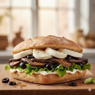 Mozzarella, melanzane sott'olio, olive, lattuga, maionese