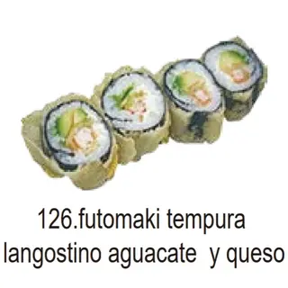 126. Futomaki tempura langostino aguacate (8 Pza.)