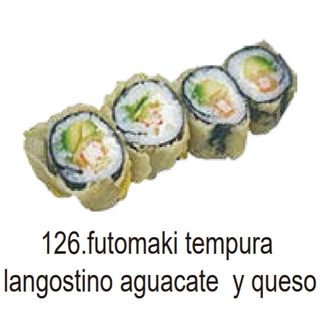 126. Futomaki tempura langostino aguacate y queso (8 Pza.)