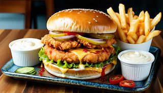 Max Chickenburger z frytkami i sosami