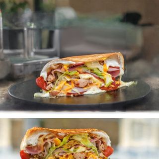 Палачинка с телешко кюфте, гауда, картофи и сос барбекю