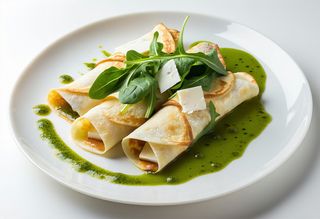 Naleśniki z camembertem, rukolą i sosem szpinakowym