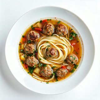 Zuppa con polpette e spaghetti di soia