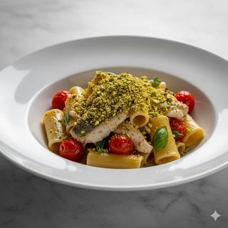 Paccheri con spigola pachinoe battuto di pistacchio
