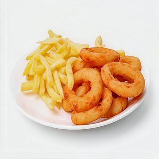 Aros de cebolla + patatas y salsa