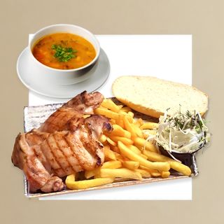 Ciorba pui cu tăieței  + pulpe de pui dezosate la gratar cu garnitura