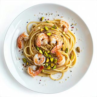 Spaghetti con pistacchi e gamberi
