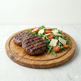 Piatto hamburger 2 pezzi con rucola, grana e pomodorini