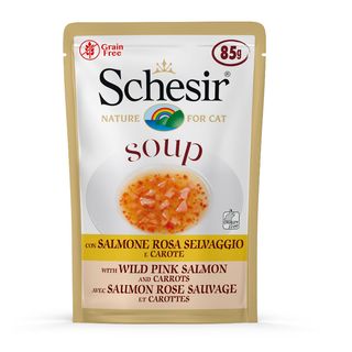 Schesir Soup salmón rosado con zanahoria sobre para gatos   85g