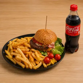 Cheeseburger, pomfrit i Coca-Cola 0.5l