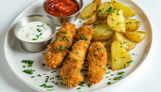 Fâșii de pui în crustă de parmezan și cartof tras la tigaie