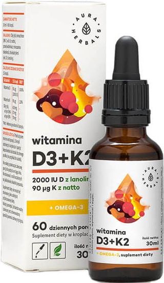 Witamina D3 2000 IU+ K2 90µg + Omega-3 krople 30ml Aura Herbals