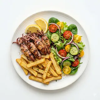 Calamares A La Plancha Con Ensalada Y Patatas